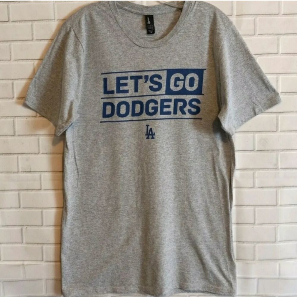 New Los Angeles Let's Go Dodgers Men's Gray Short Sleeve MLB Baseball Shirt M